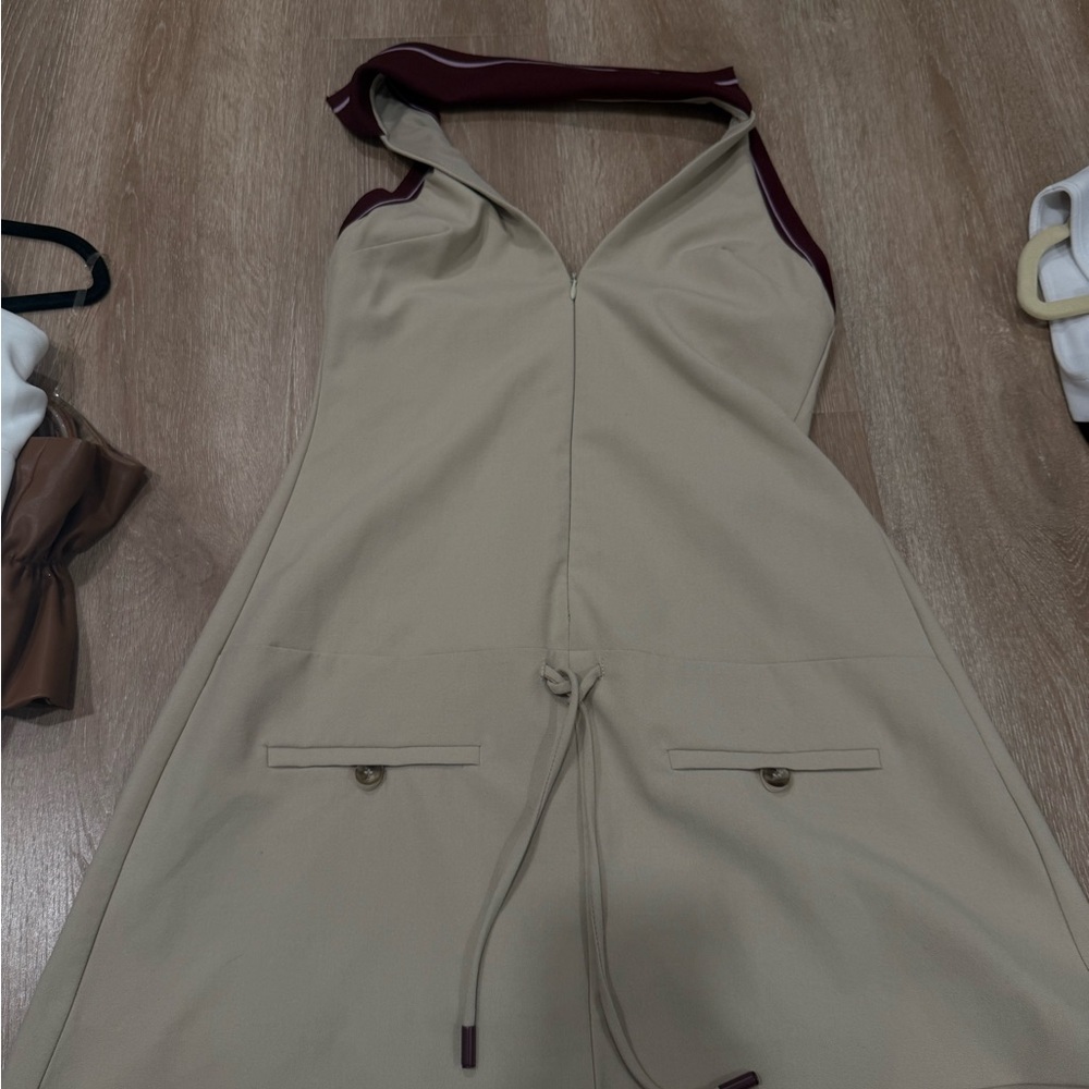 Beige Sleeveless Dress with Burgundy Accents